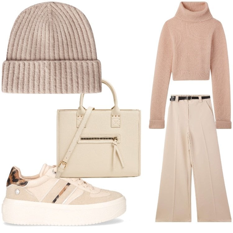 Outfit donna - Oggi beige. Stile Sporty chic per Tutti i giorni. Abbinamento con maglieria, pantaloni, berretti, shopping bag, sneakers.