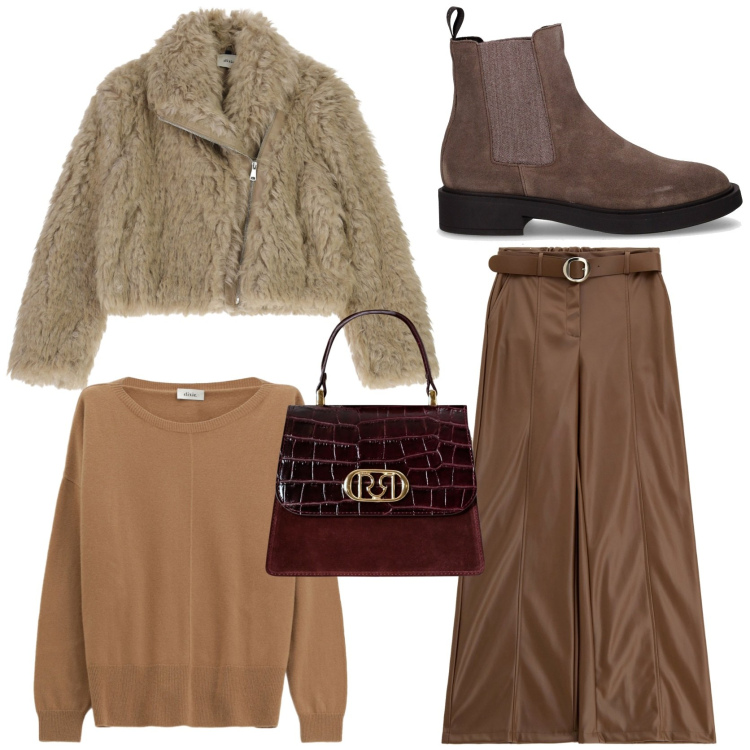 Outfit donna - Serata in pizzeria. Stile Trendy per Serata fuori. Abbinamento con borse a mano, pantaloni, maglieria, cappotti, stivaletti chelsea.