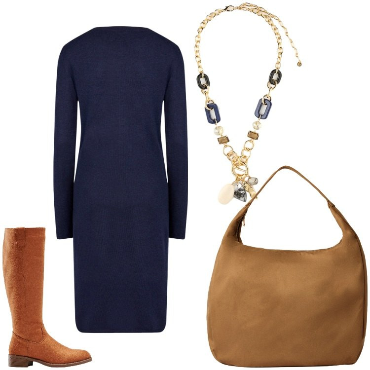 Outfit donna - Basta un vestito. Stile Chic per Ufficio. Abbinamento con stivali, borse a mano, vestiti midi/longuette, collane.