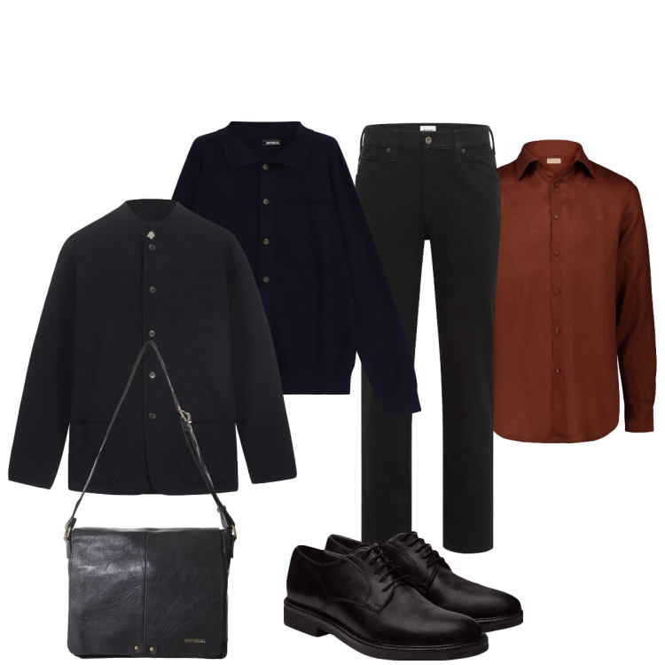 Outfit uomo - Pronto per andare in ufficio. Stile Trendy per Ufficio. Abbinamento con jeans dritti, borse sportive, cardigans, scarpe stringate, camicie, giacche.