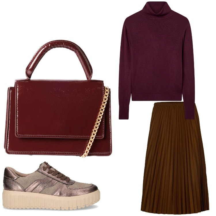 Outfit donna - Buona giornata. Stile Casual chic per Tutti i giorni. Abbinamento con borse a tracolla, maglieria, gonne longuette, sneakers.