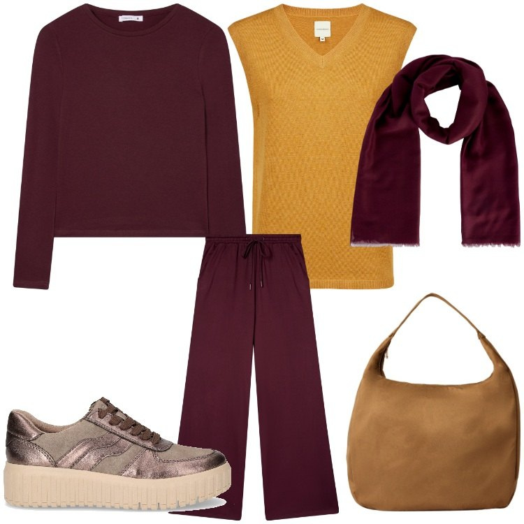 Outfit donna - Senape e bordeaux. Stile Sporty chic per Tutti i giorni. Abbinamento con borse a mano, pantaloni, t-shirt, foulard, maglieria, sneakers.