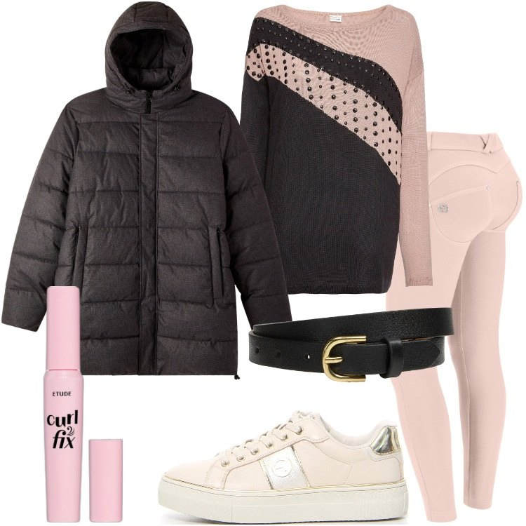 Outfit donna - Casual nero e rosa. Stile Casual per Scuola/Università. Abbinamento con maglieria, cinture, mascara, bomber, pantaloni skinny, sneakers.