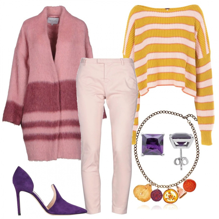 Outfit donna - Un inverno colorato. Stile Trendy per Tutti i giorni. Abbinamento con cappotto fantasia collo a v a maniche lunghe interno foderato in mohair monopetto, décolleté effetto scamosciato a punta tinta unita, pullover a righe lavorato a maglia a maniche lunghe in cotone, pantalone, collier in placcato argento, orecchini con zirconia in sterling 925 argento.