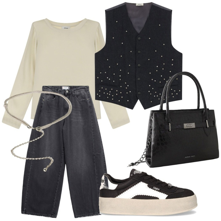 Outfit donna - Gilet must have di stagione. Stile Casual chic per Tutti i giorni. Abbinamento con borse a mano, gilet, top, jeans, sneakers, cinture.