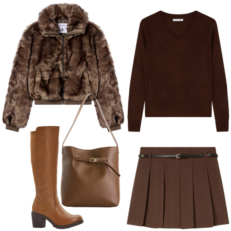 Outfit donna - Look vincente. Stile Trendy per Tutti i giorni. Abbinamento con stivali, borse a mano, minigonne, ecopellicce, maglieria.