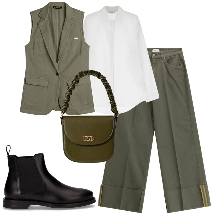 Outfit donna - Total look #2264666. Stile Casual chic per Tutti i giorni. Abbinamento con borse a mano, gilet, pantaloni a palazzo, camicie, stivaletti chelsea.