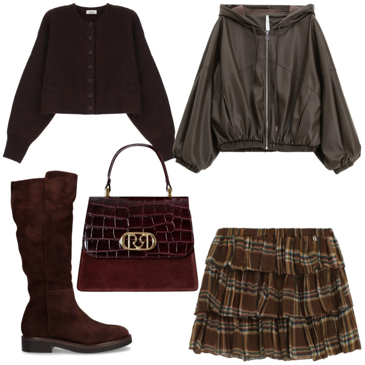 Outfit donna - Weekend di tendenza. Stile Trendy per Tutti i giorni. Abbinamento con borse a mano, bomber, cardigans, minigonne, stivali.