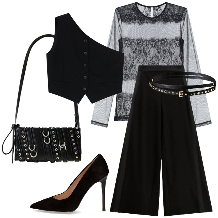 Outfit donna - Serata elegante. Stile Glamour per Serata fuori. Abbinamento con borse a spalla, cinture, pantaloni a palazzo, bluse, gilet, décolleté.