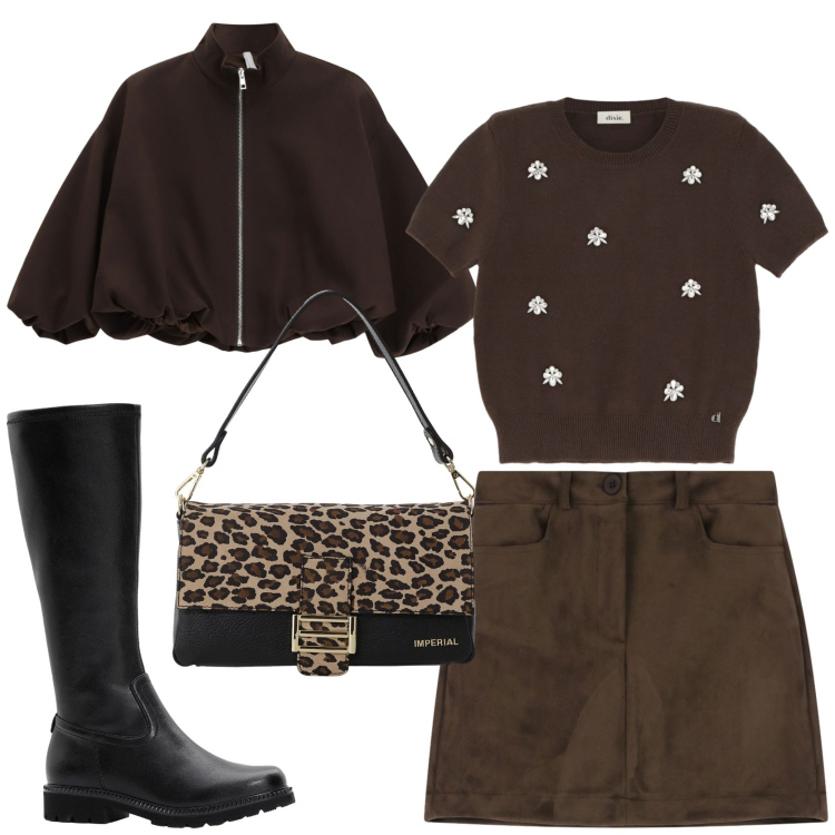 Outfit donna - Trendy. Stile Trendy per Tutti i giorni. Abbinamento con stivali, bomber, borse a spalla, maglieria, minigonne.