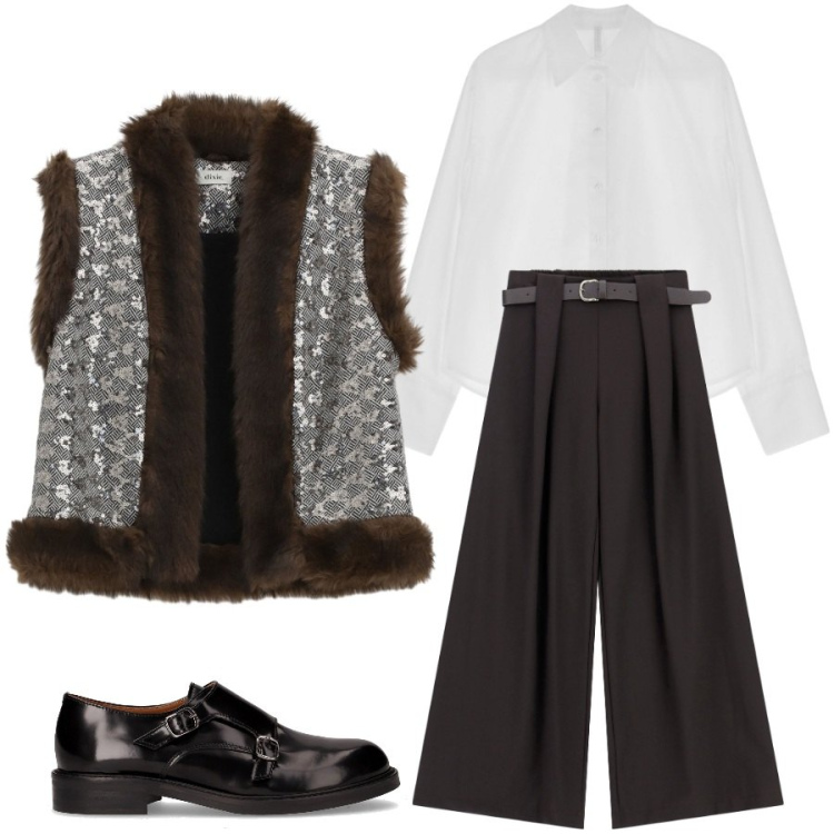 Outfit donna - Gilet protagonista. Stile Trendy per Tutti i giorni. Abbinamento con pantaloni, gilet, camicie, mocassini.