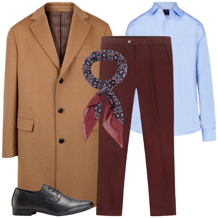 Outfit uomo - City. Stile Business/Elegante per Tutti i giorni. Abbinamento con scarpe stringate, camicie, cappotti, pantaloni chino, sciarpe e foulard.