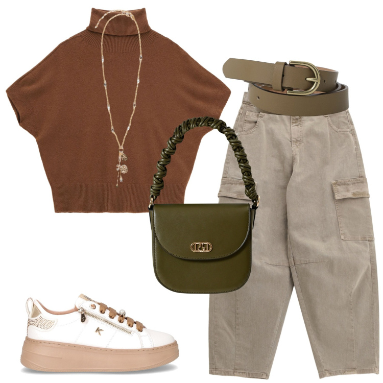 Outfit donna - Pomeriggio. Stile Sporty chic per Tutti i giorni. Abbinamento con pantaloni chino, cinture, borse a mano, maglieria, sneakers, ciondoli.
