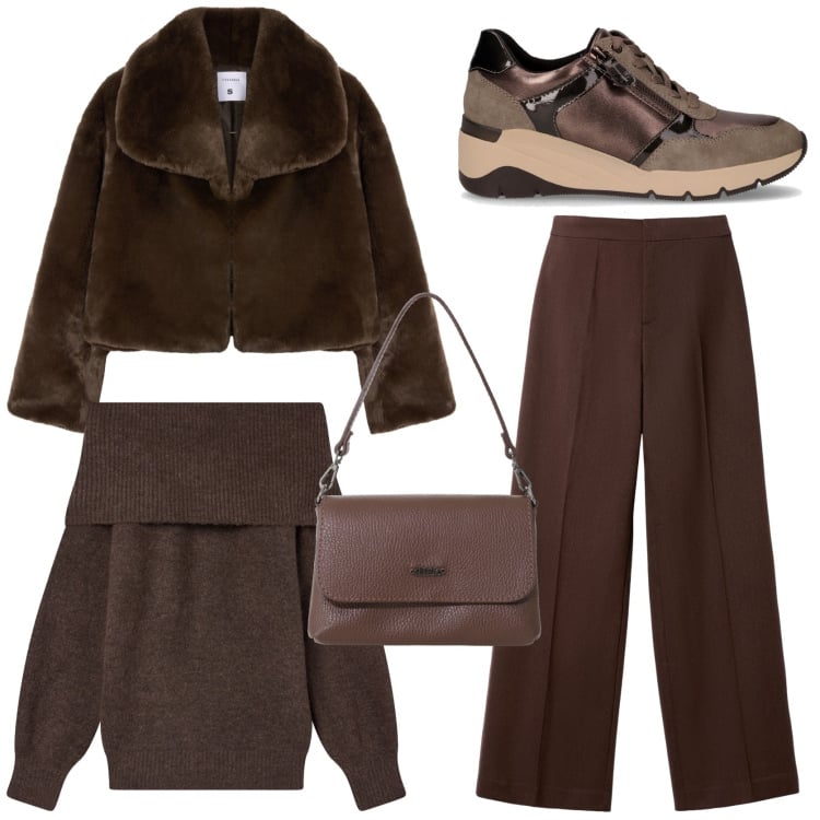 Outfit donna - Appunti di moda. Stile Trendy per Tutti i giorni. Abbinamento con pantaloni, maglieria, ecopellicce, borse a tracolla, sneakers alte.