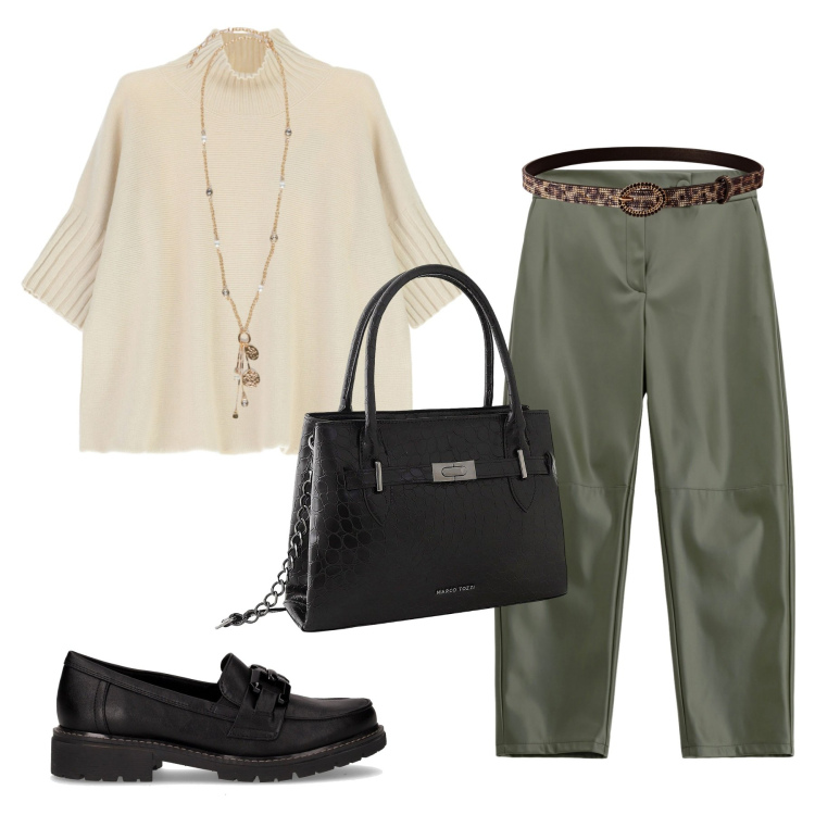 Outfit donna - In biblioteca. Stile Sporty chic per Scuola/Università. Abbinamento con borse a mano, cinture, maglieria, pantaloni, ciondoli, mocassini.