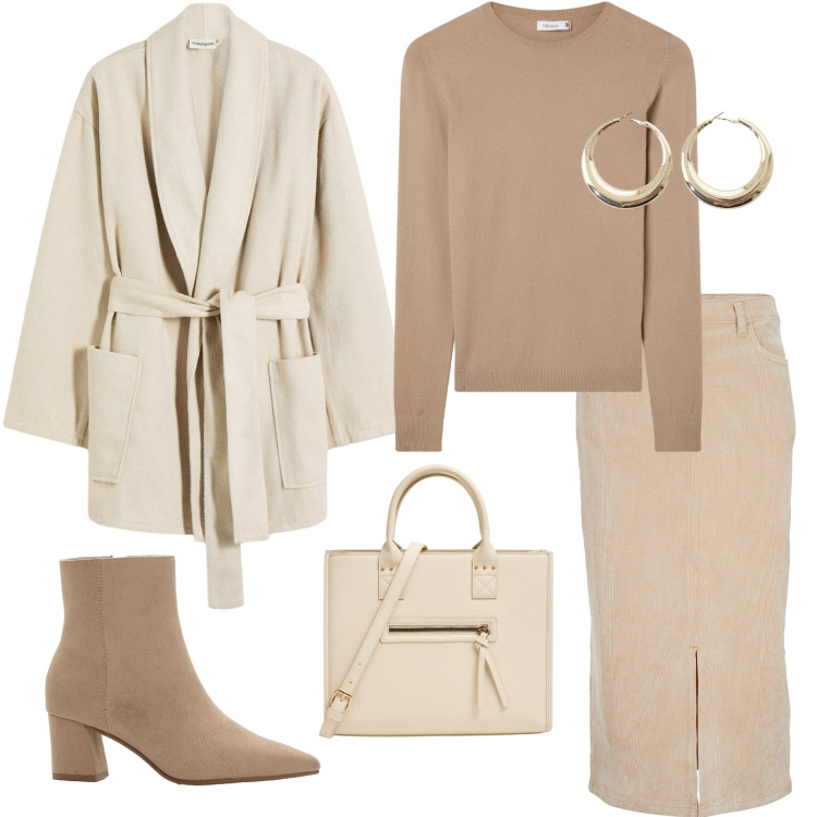Outfit donna - Total look #2264784. Stile Casual chic per Ufficio. Abbinamento con gonne longuette, stivaletti, blazer, maglieria, shopping bag, orecchini.