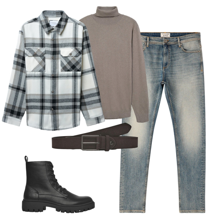 Outfit uomo - Ottobre. Stile Casual per Tutti i giorni. Abbinamento con jeans skinny, anfibi, cinture, cappotti, maglieria.