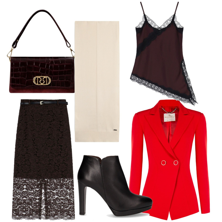 Outfit donna - Red. Stile Chic per Serata fuori. Abbinamento con sciarpe, gonne lunghe, canottiere, blazer, borse a mano, stivaletti.