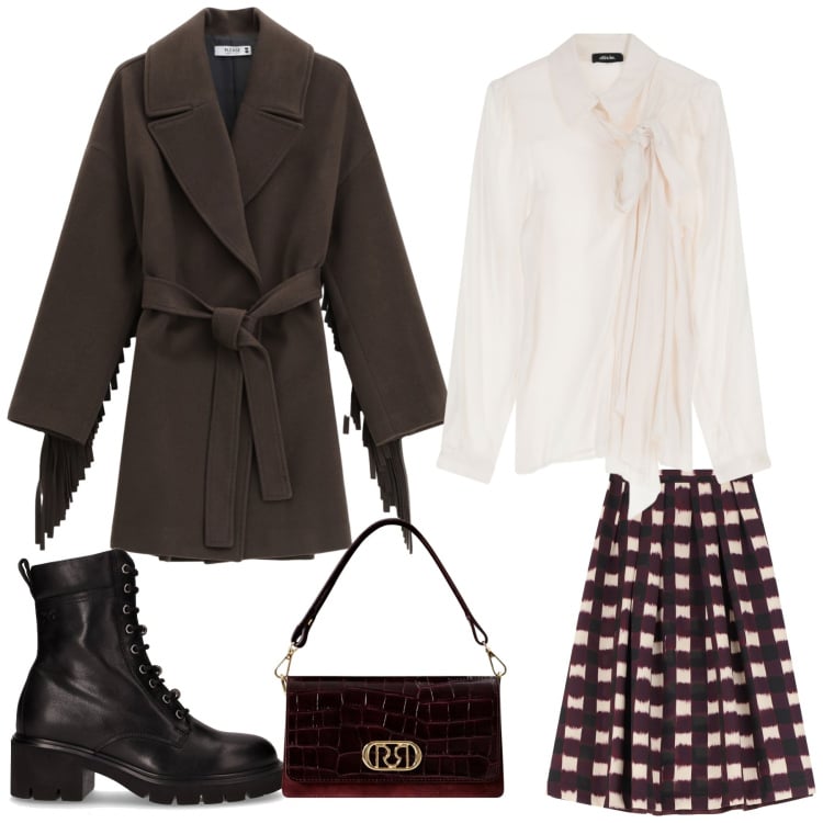 Outfit donna - Una giornata in ufficio. Stile Casual chic per Tutti i giorni. Abbinamento con borse a mano, cappotti, gonne longuette, camicie, anfibi.