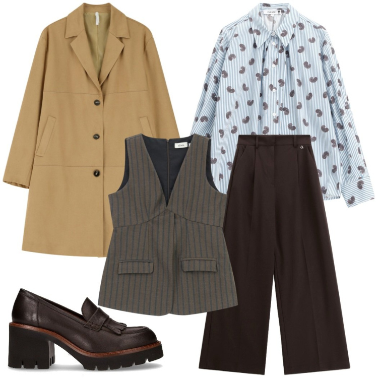 Outfit donna - In ufficio. Stile Mannish per Ufficio. Abbinamento con camicie, cappotti, gilet, pantaloni a palazzo, décolleté.