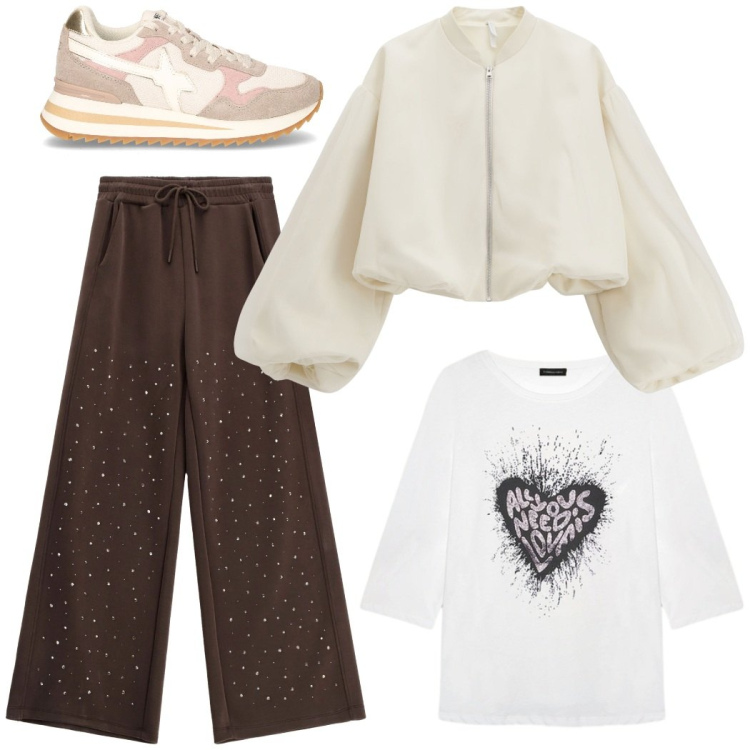 Outfit donna - Total look #2264837. Stile Sporty chic per Tutti i giorni. Abbinamento con bomber, pantaloni, sneakers, t-shirt.