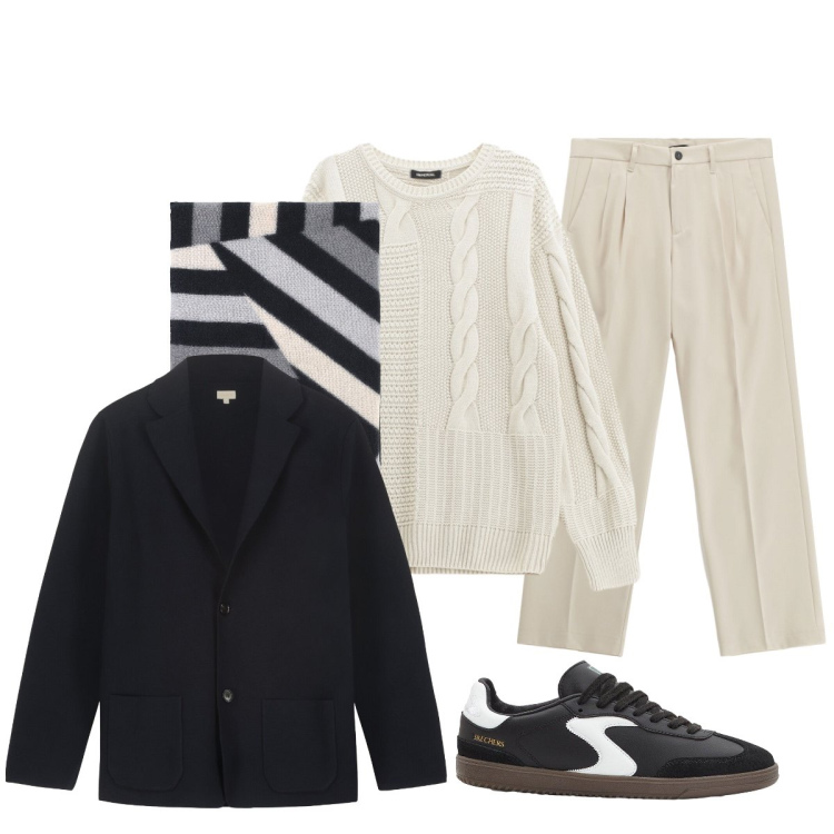 Outfit uomo - Bianco e nero: abbinamento classico. Stile Urban per Tutti i giorni. Abbinamento con sneakers, maglieria, pantaloni, sciarpe, giacche.
