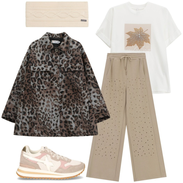Outfit donna - Total look #2264842. Stile Casual chic per Tutti i giorni. Abbinamento con cappotti, pantaloni, t-shirt, accessori per capelli, sneakers.