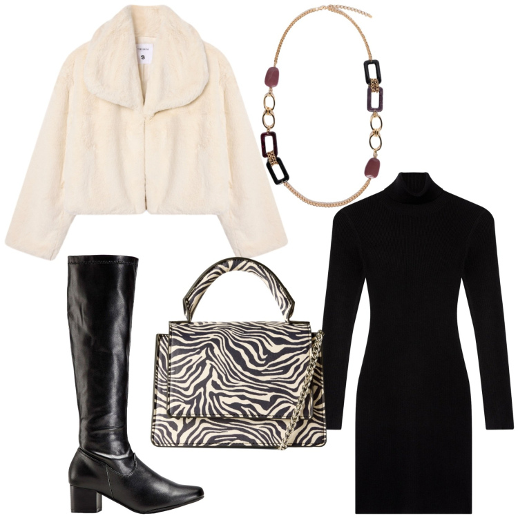 Outfit donna - Serata fuori. Stile Chic per Serata fuori. Abbinamento con stivali, vestiti corti, borse a tracolla, ecopellicce, collane.