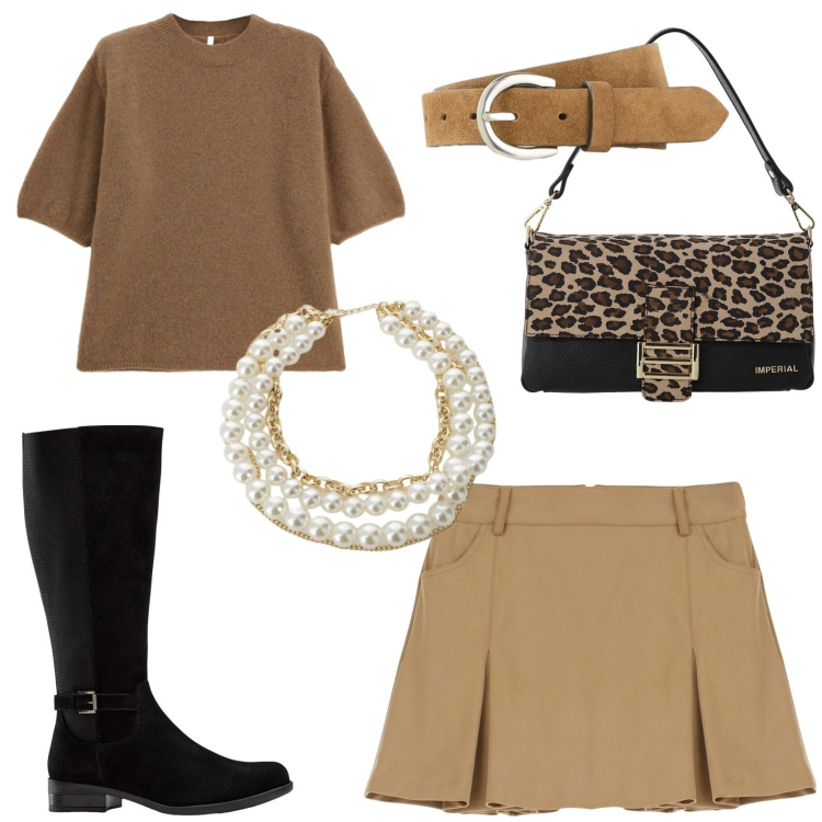 Outfit donna - Stivali protagonisti. Stile Trendy per Tutti i giorni. Abbinamento con stivali, cinture, collane, minigonne, borse a spalla, maglieria.