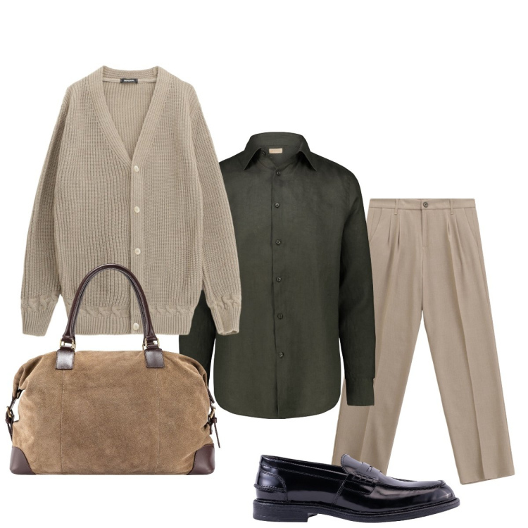 Outfit uomo - In ufficio. Stile Trendy per Ufficio. Abbinamento con pantaloni, cardigans, camicie, borse sportive, scarpe stringate.