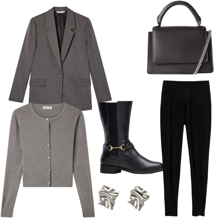 Outfit donna - Sofisticata in grigio. Stile Chic per Tutti i giorni. Abbinamento con stivali, leggings, cardigans, blazer, borse a tracolla, orecchini.