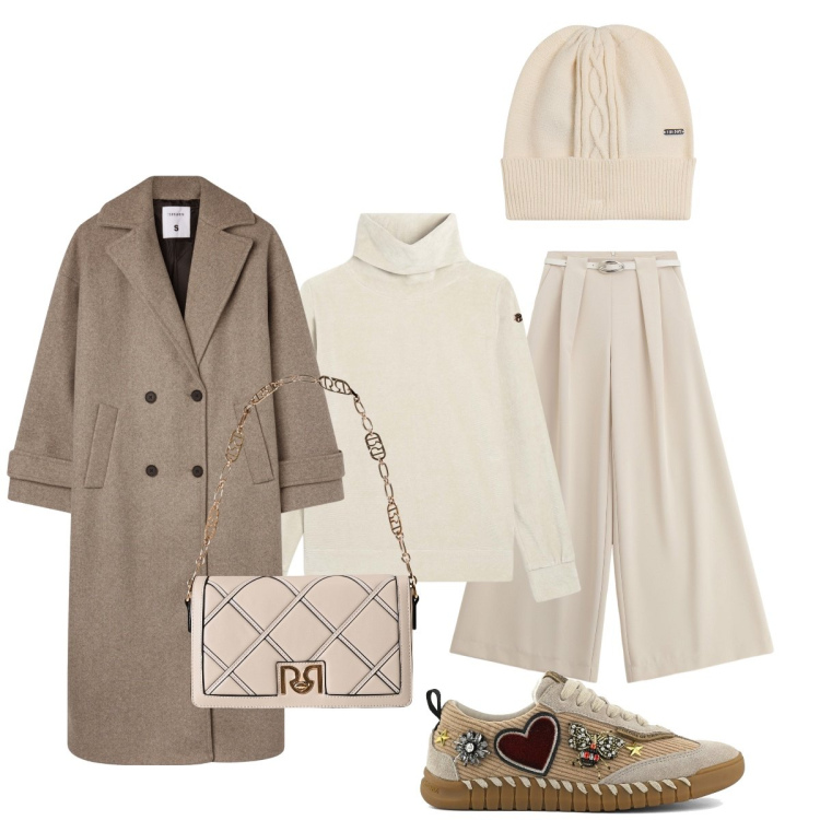 Outfit donna - In città. Stile Sporty chic per Tutti i giorni. Abbinamento con cappotti, borse a tracolla, pantaloni a palazzo, felpe, berretti, sneakers.