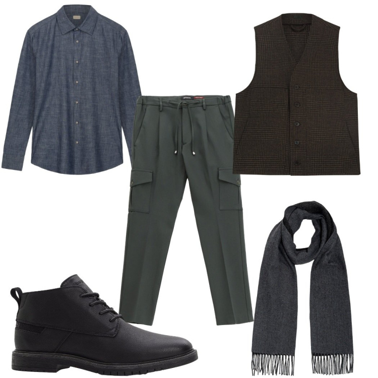 Outfit uomo - Total look #2264856. Stile Trendy per Tutti i giorni. Abbinamento con stivali e stivaletti, pantaloni cargo, sciarpe, camicie, gilet.