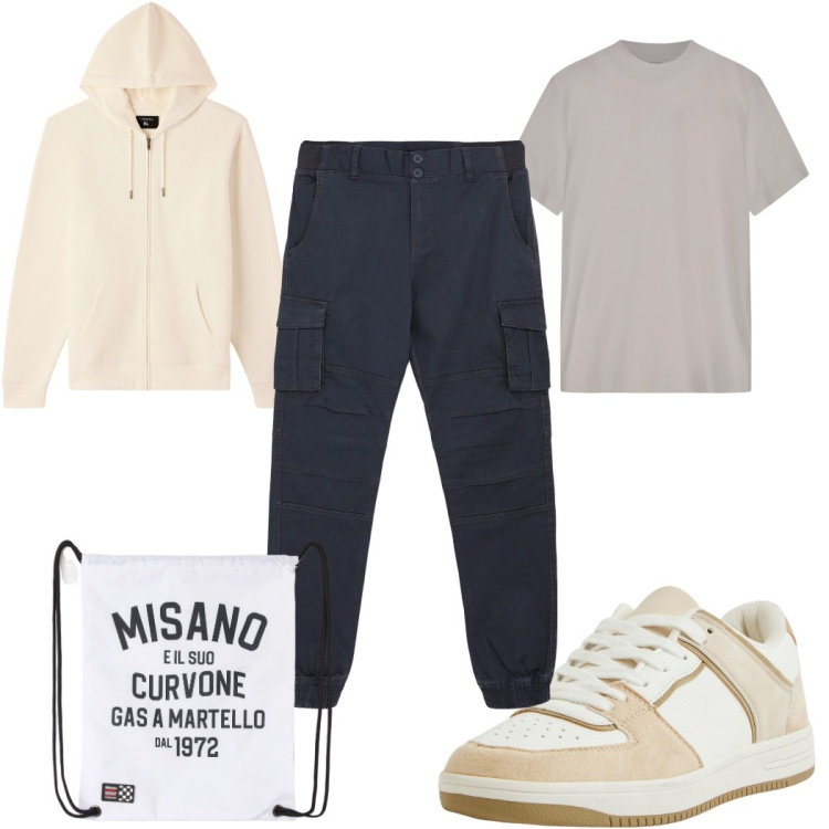 Outfit uomo - Total look #2264859. Stile Trendy per Sport. Abbinamento con borse sportive, sneakers, pantaloni cargo, felpe con cappuccio, t-shirt.