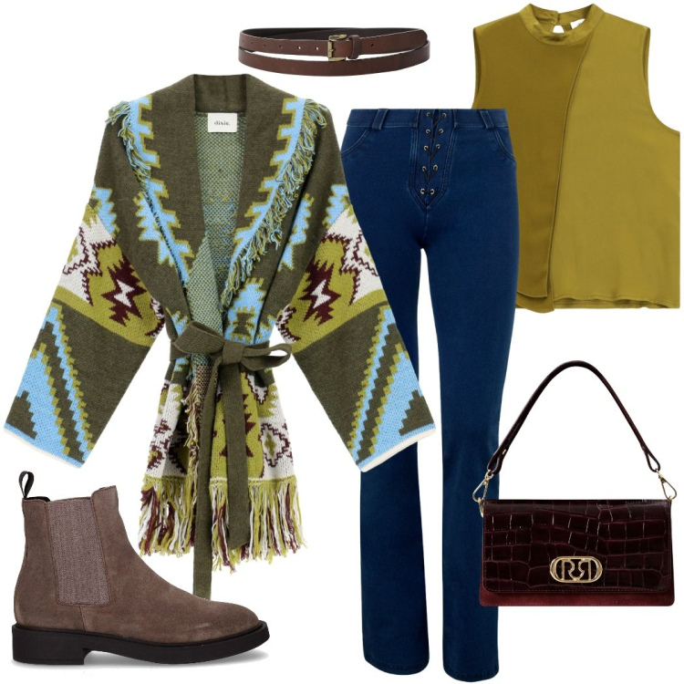 Outfit donna - Total look #2264861. Stile Casual chic per Tutti i giorni. Abbinamento con cappotti, cinture, top, borse a mano, jeans skinny, stivaletti chelsea.