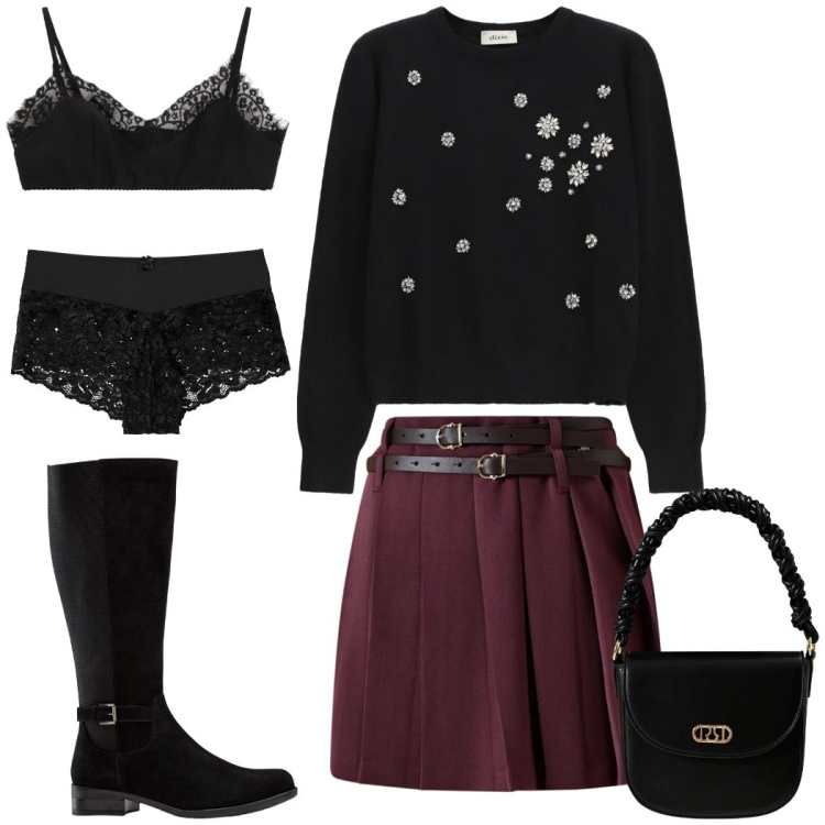Outfit donna - Serata Romantica. Stile Romantica per Serata fuori. Abbinamento con culotte, stivali, minigonne, borse a mano, bralette, maglieria.