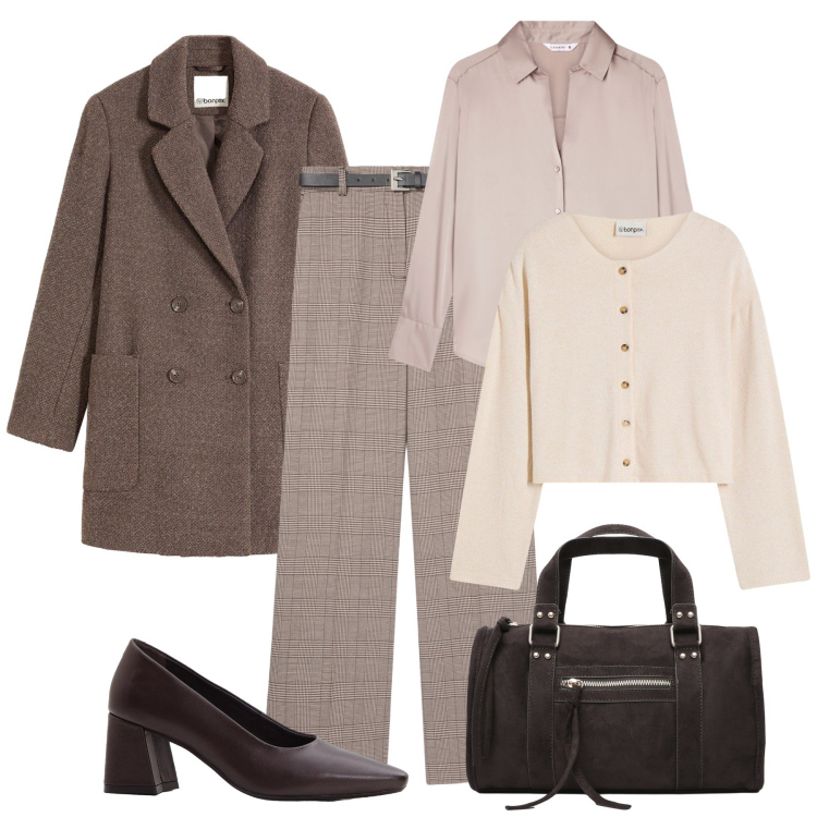 Outfit donna - Sfumature di marrone. Stile Glamour per Ufficio. Abbinamento con cardigans, décolleté, cappotti, borse a mano, camicie, pantaloni.