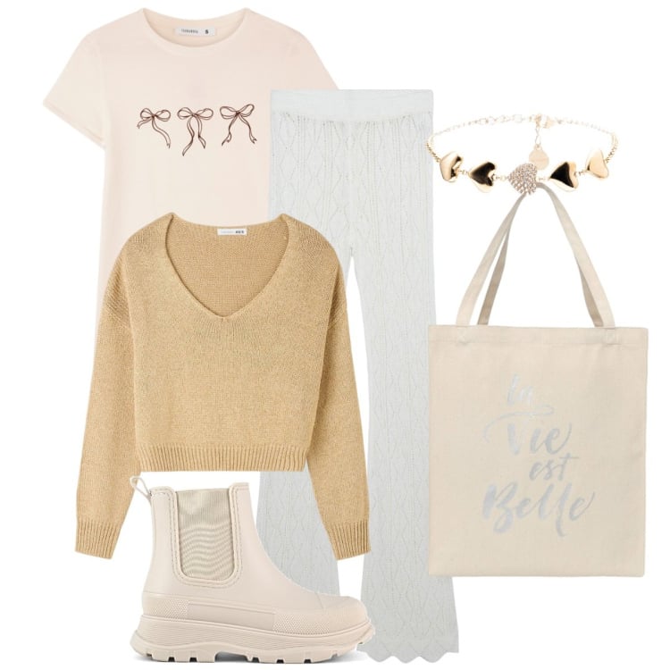 Outfit donna - Atmosfere romantiche. Stile Romantica per Tutti i giorni. Abbinamento con maglieria, pantaloni, t-shirt, borse tote, braccialetti, stivali.
