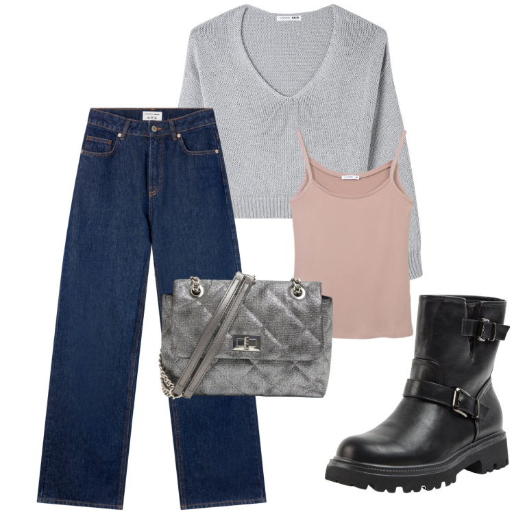 Outfit donna - Total look #2264870. Stile Casual per Tutti i giorni. Abbinamento con stivaletti, jeans, maglieria, canottiere, borse a tracolla.