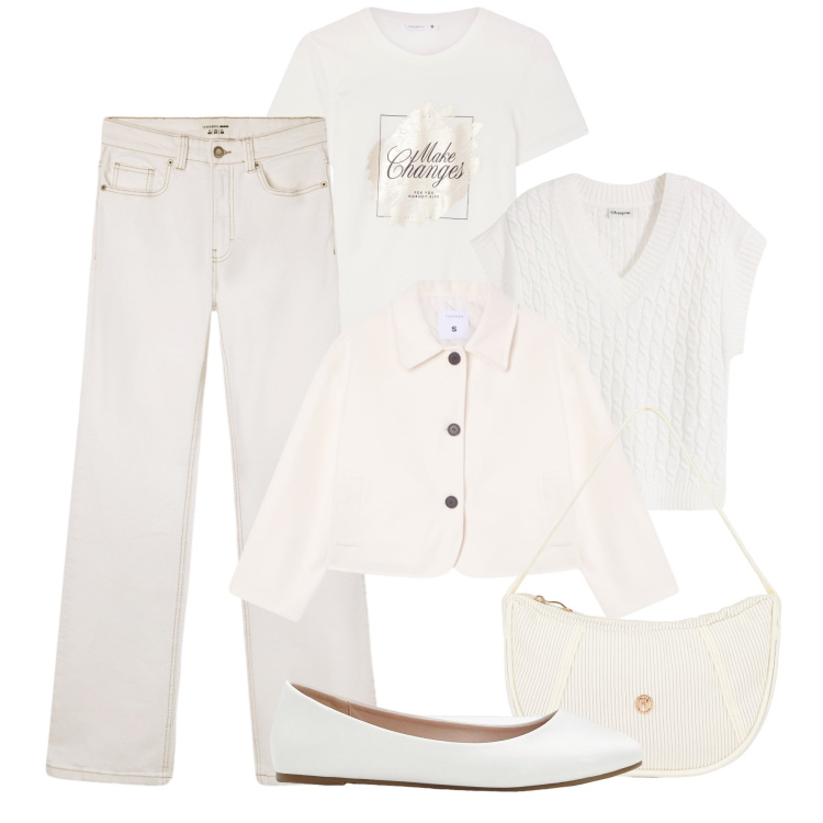 Outfit donna - Autunno total white. Stile Urban per Tutti i giorni. Abbinamento con ballerine, maglieria, jeans bootcut, t-shirt, blazer, borse a mano.