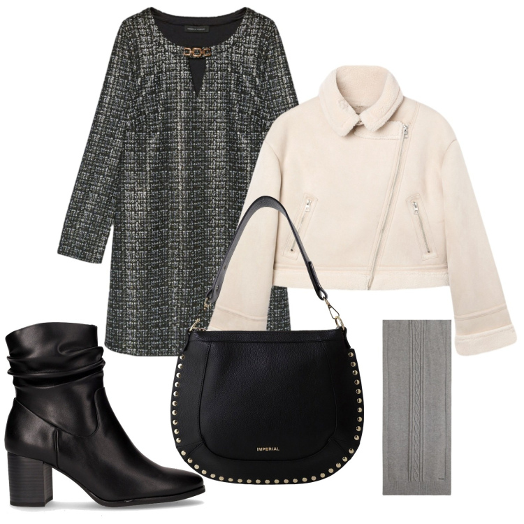 Outfit donna - L\'abito classico. Stile Casual per Serata fuori. Abbinamento con giacche, borse a spalla, sciarpe, vestiti corti, stivaletti.