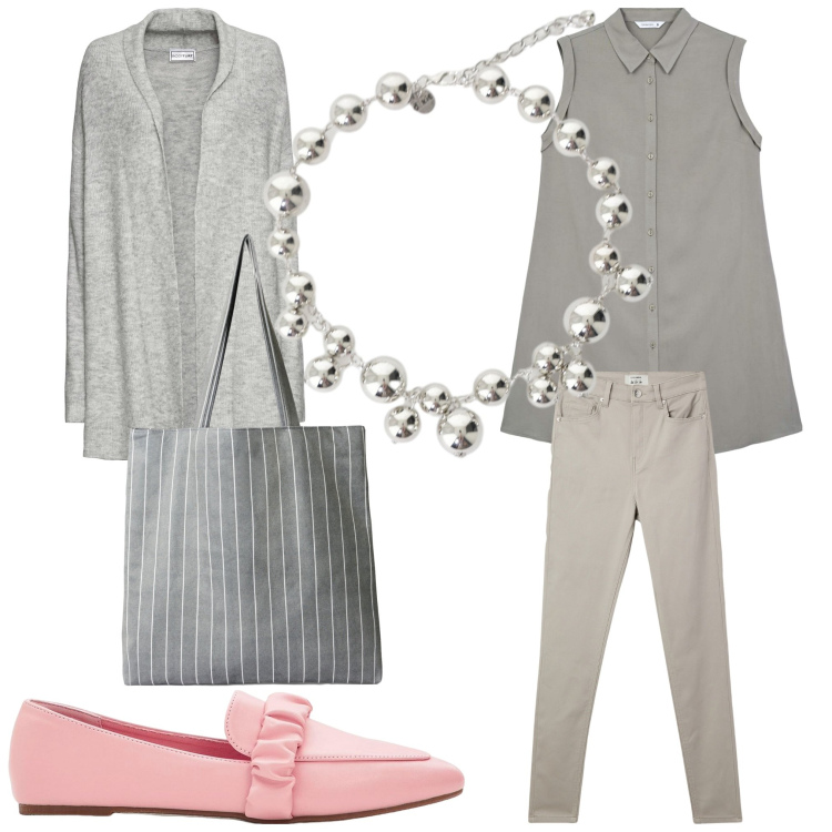 Outfit donna - Un petalo rosa. Stile Casual chic per Ufficio. Abbinamento con cardigans, mocassini, pantaloni skinny, camicie a manica corta, shopping bag, collane.
