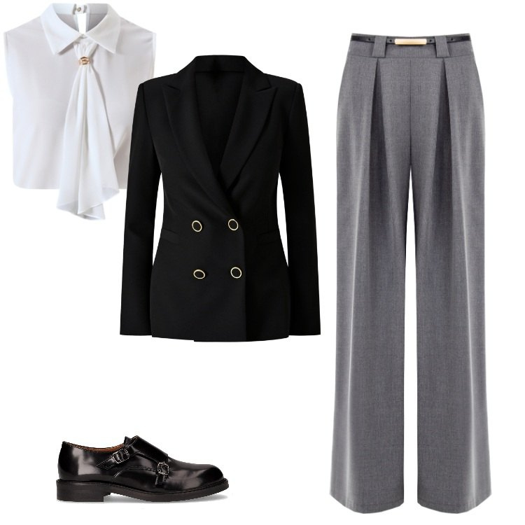 Outfit donna - Total look #2264879. Stile Chic per Cerimonia. Abbinamento con pantaloni a palazzo, blazer, top, mocassini.