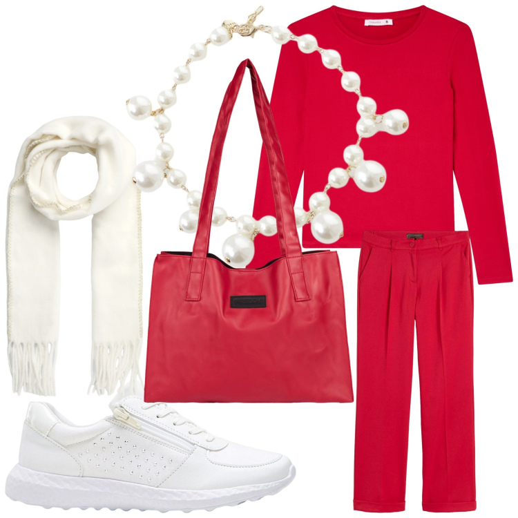 Outfit donna - Due colori. Stile Casual per Tutti i giorni. Abbinamento con pantaloni, sneakers, sciarpe, t-shirt, collane, shopping bag.