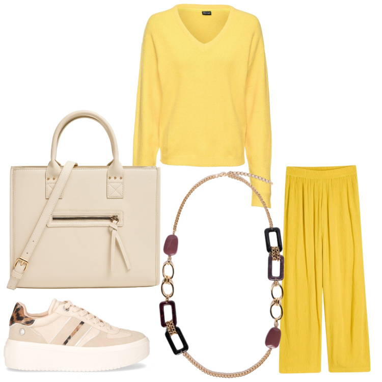 Outfit donna - Raggio di sole. Stile Casual per Tutti i giorni. Abbinamento con maglieria, pantaloni, shopping bag, collane, sneakers.