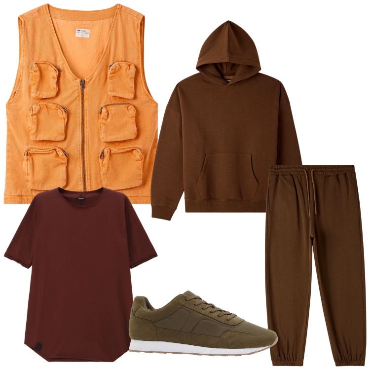 Outfit uomo - Autunno a strati. Stile Casual per Tutti i giorni. Abbinamento con sneakers, gilet, pantaloni, felpe con cappuccio, t-shirt.