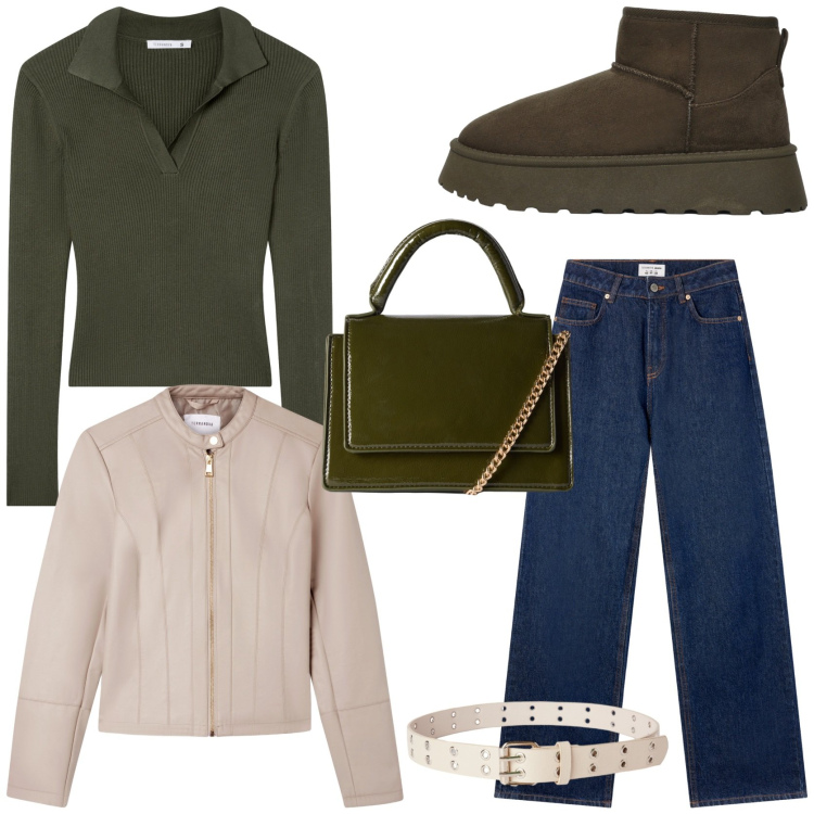 Outfit donna - Autumn inspo. Stile Urban per Tutti i giorni. Abbinamento con giacche, jeans, borse a tracolla, cinture, maglieria, stivali.