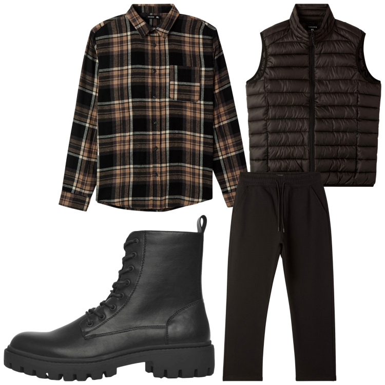 Outfit uomo - Quadretti a strati. Stile Casual per Tutti i giorni. Abbinamento con camicie, anfibi, pantaloni, piumini.