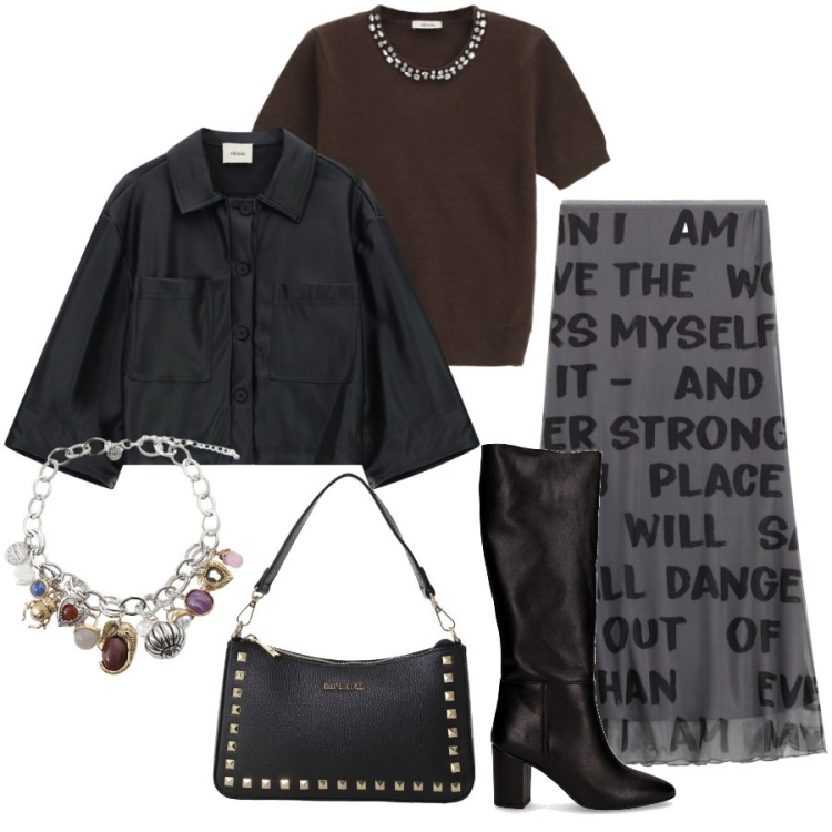 Outfit donna - Total look #2264888. Stile Trendy per Serata fuori. Abbinamento con pochette, gonne lunghe, braccialetti con ciondoli, maglieria, blazer, stivali.