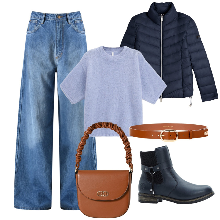 Outfit donna - City time. Stile Trendy per Tutti i giorni. Abbinamento con stivaletti chelsea, cinture, jeans, borse a mano, maglieria, piumini.
